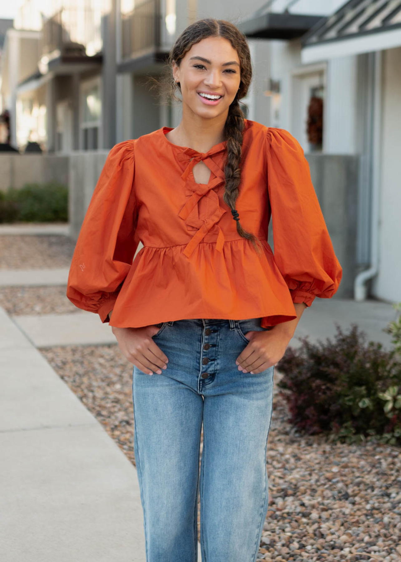 Long sleeve pumpkin bow top