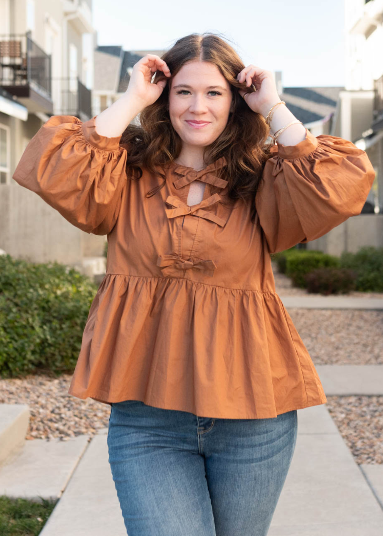 Plus size toffee bow top