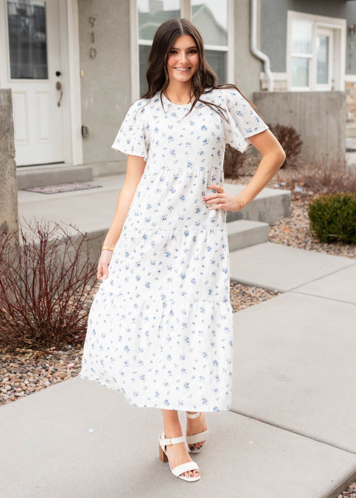 Blue floral guaze tiered dress with short sleeves