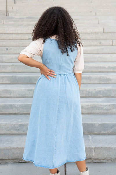 Back view of the light denim jumper dress