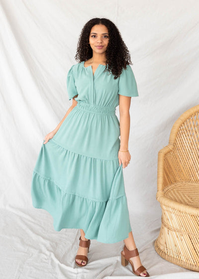 Sage tiered dress with short sleeves