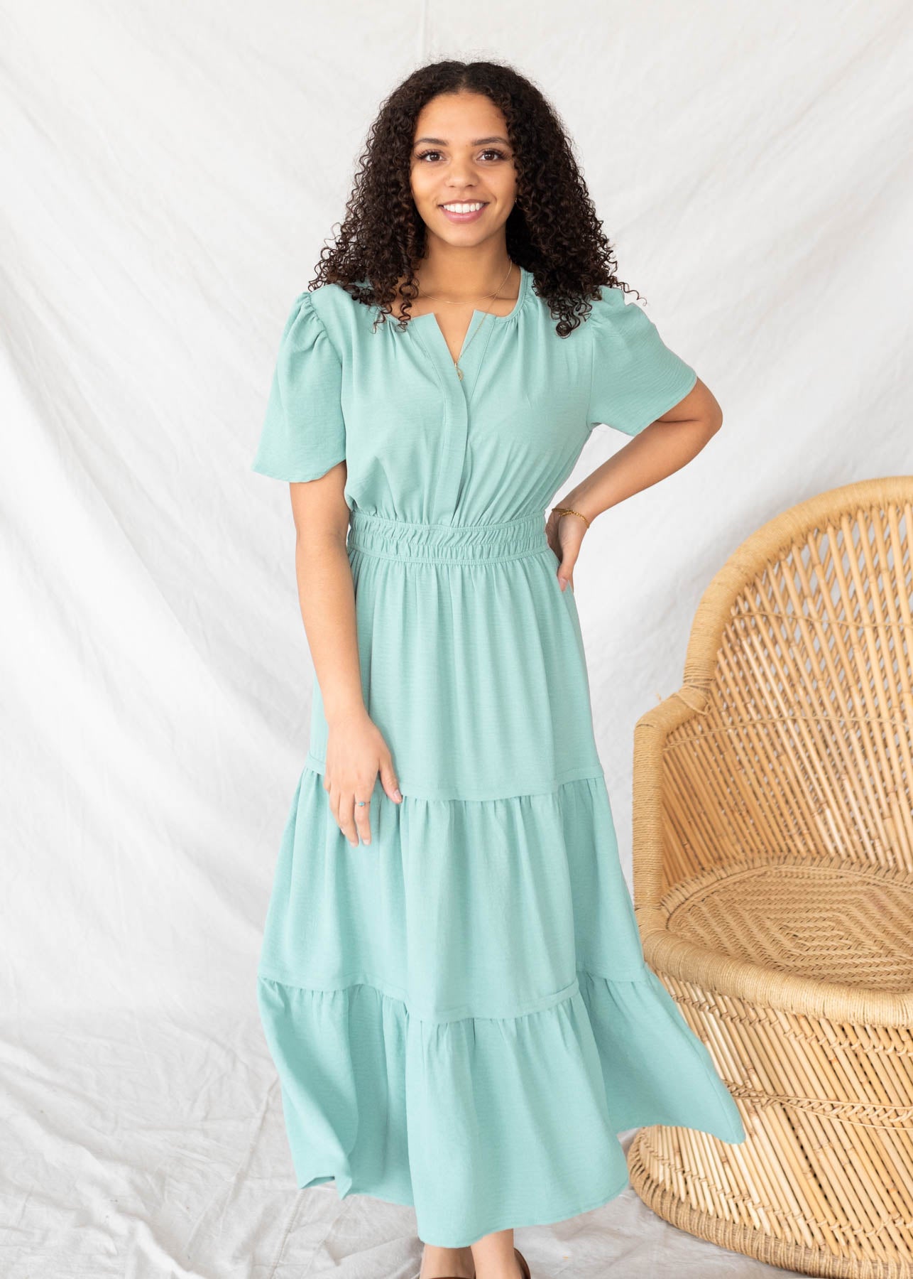 Short sleeve sage tiered dress