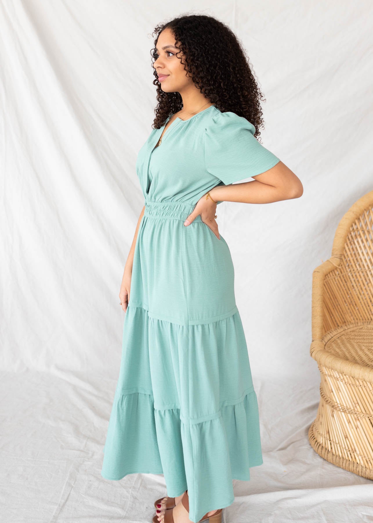 Side view of the sage tiered dress