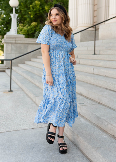 Blue floral v-neck dress