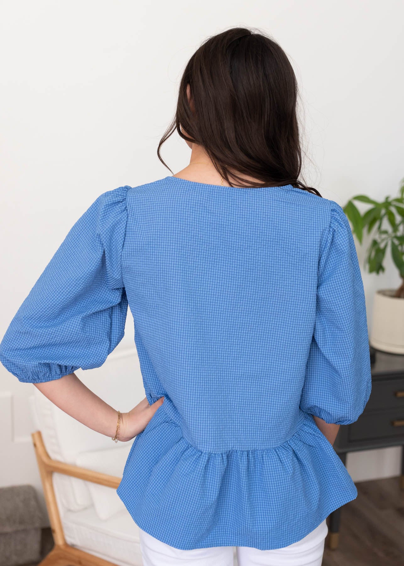 Back view of the blue tiered top