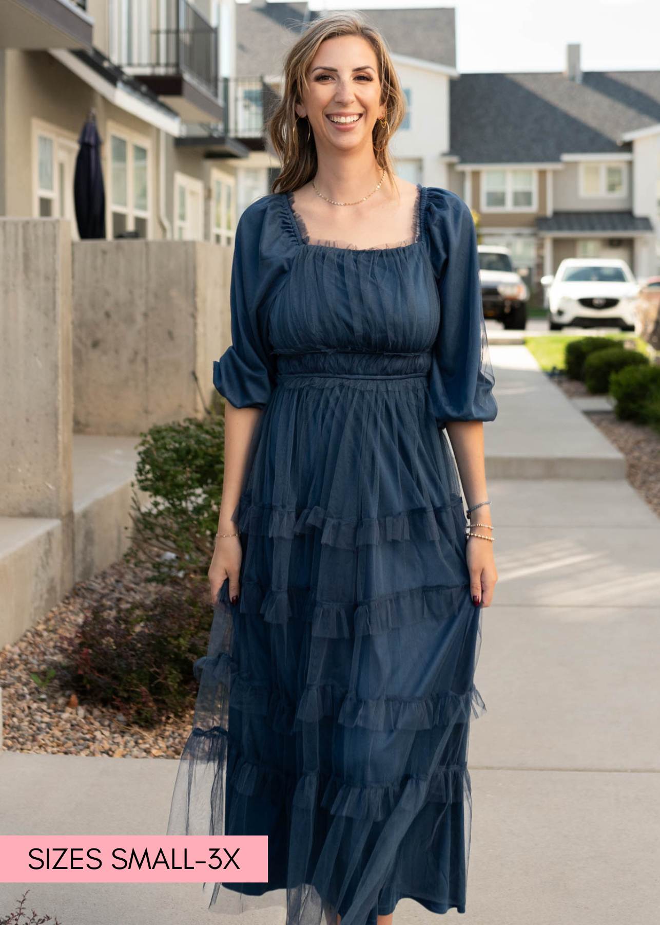 Navy long sleeve ruffle dress with 3/4 sleeves