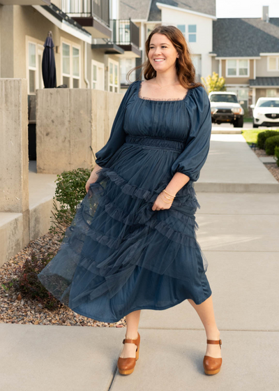 Plus size navy long sleeve ruffle dress