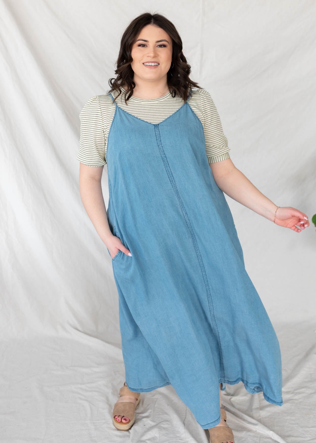 Plus size denim maxi dress with pockets