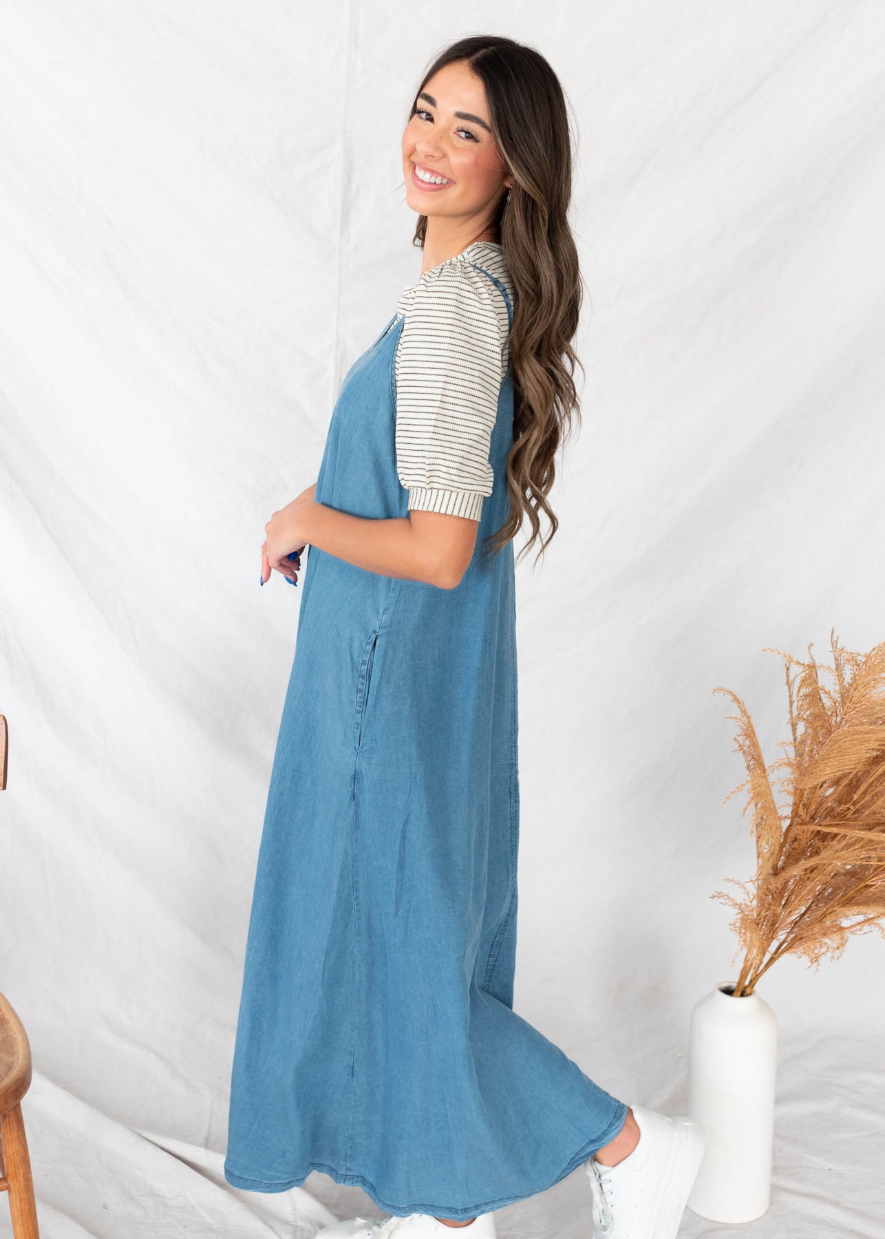 Side view of the denim maxi dress