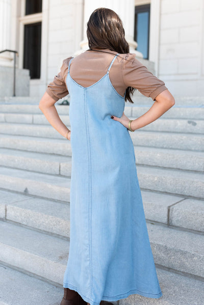 Back view of the denim maxi dress