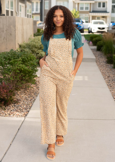 Cream floral corduroy overalls