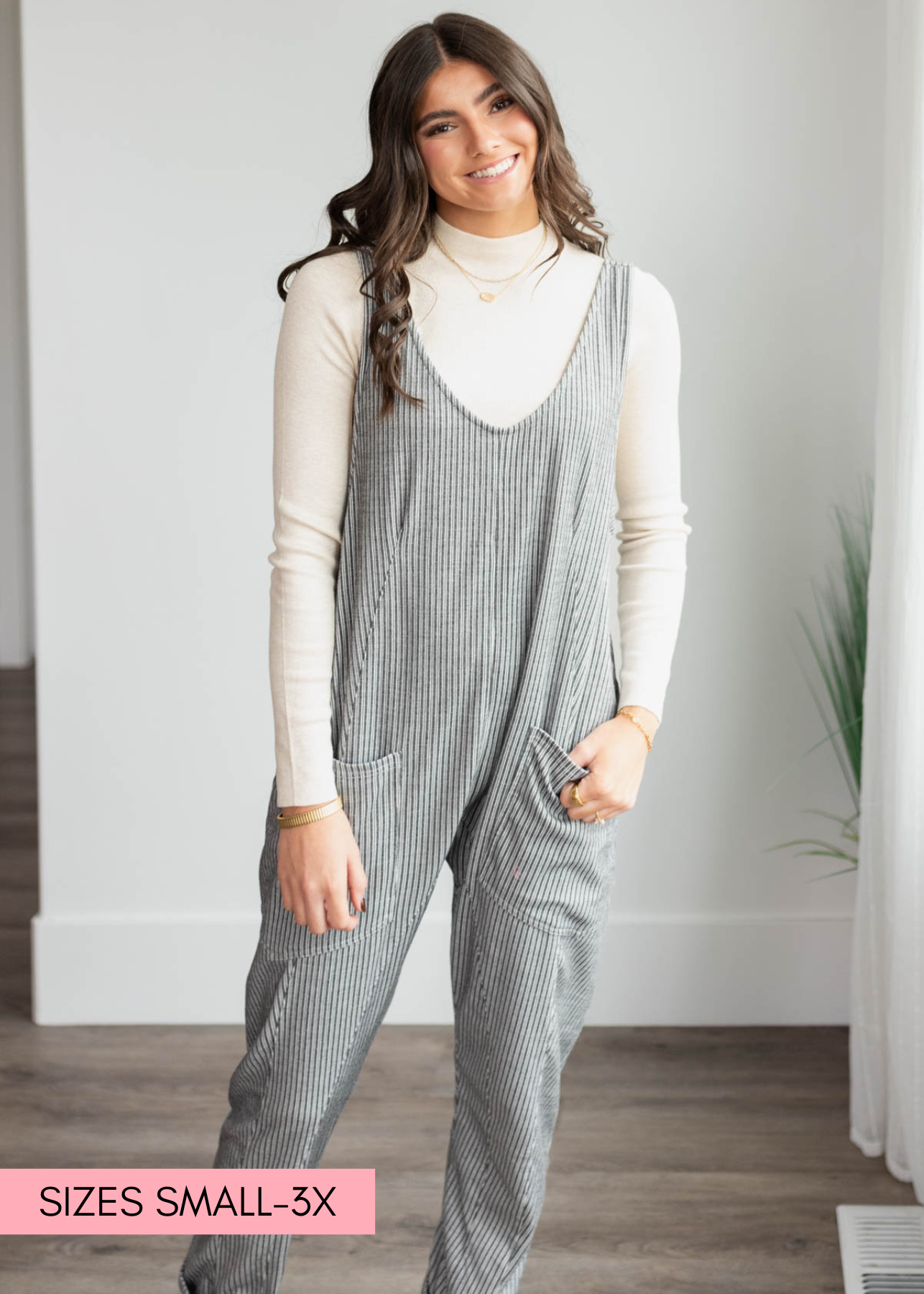 Charcoal stripe overalls with deep v-neck