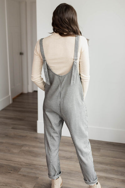 Back view of the charcoal stripe overalls