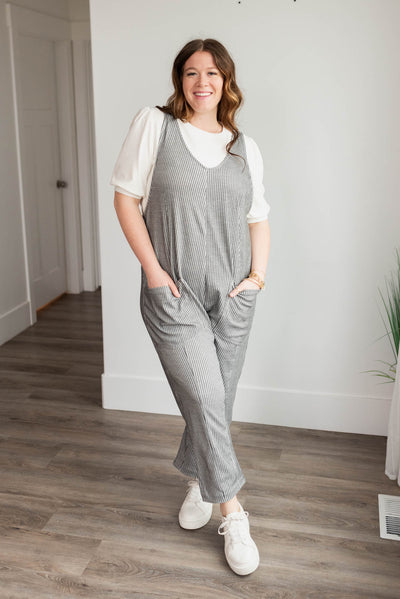 Knit charcoal stripe overalls in plus size