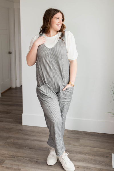 Plus size charcoal stripe overalls with fornt pockets