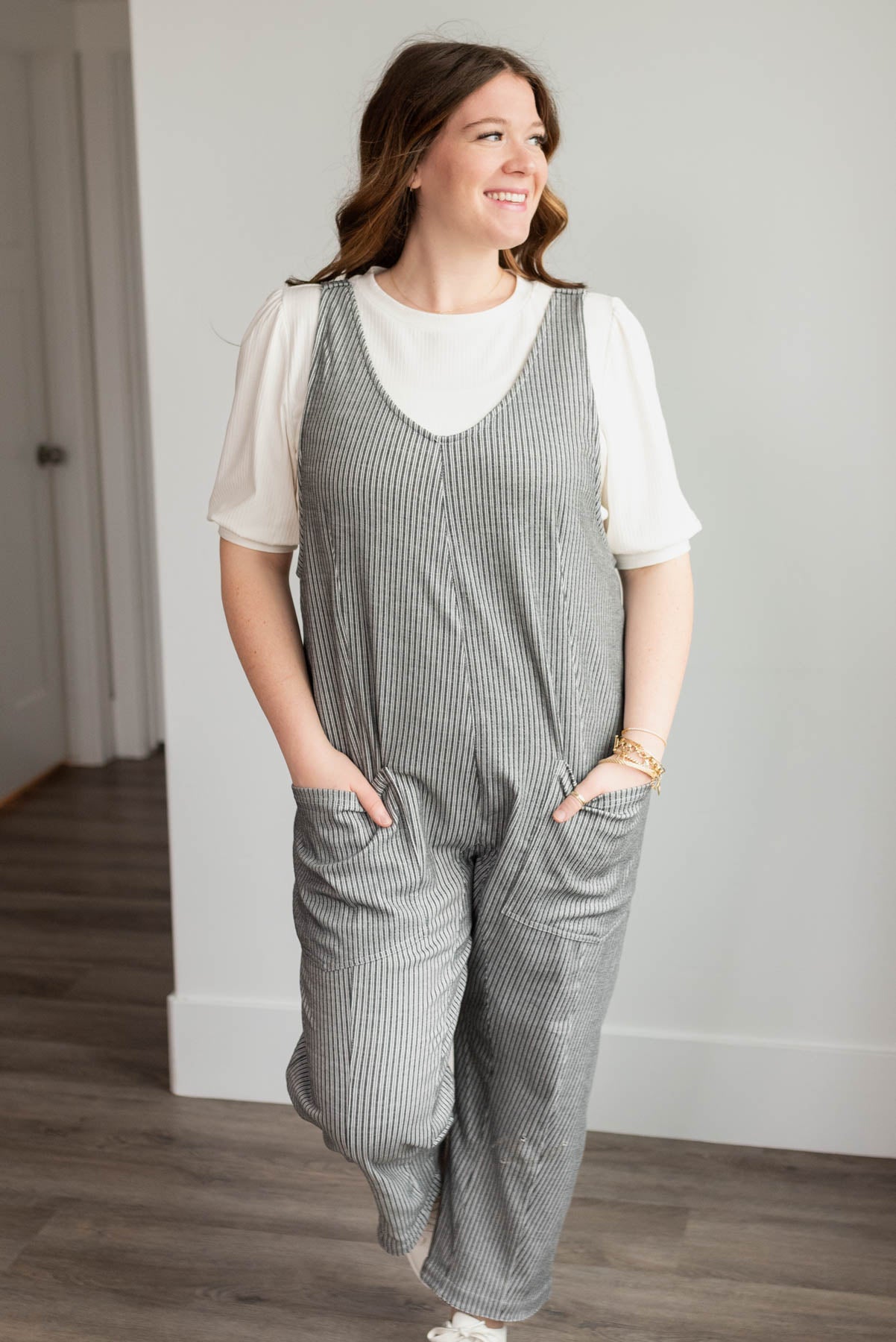 Plus size charcoal stripe overalls