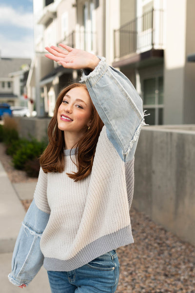 Grey sweater with denim long sleeves