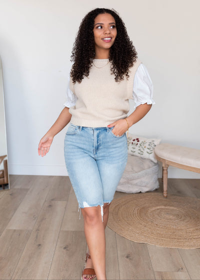 White short sleeve natural puff sleeve sweater