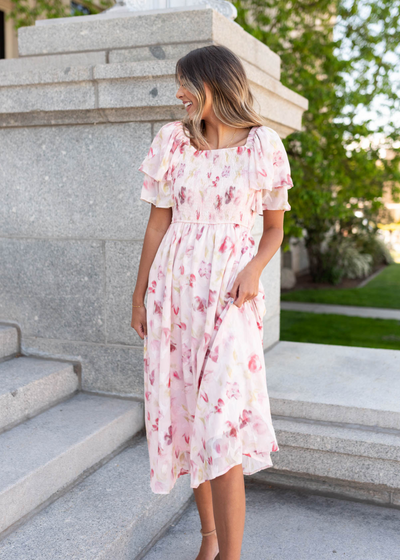 Blush watercolor floral dress with slightly round square neck
