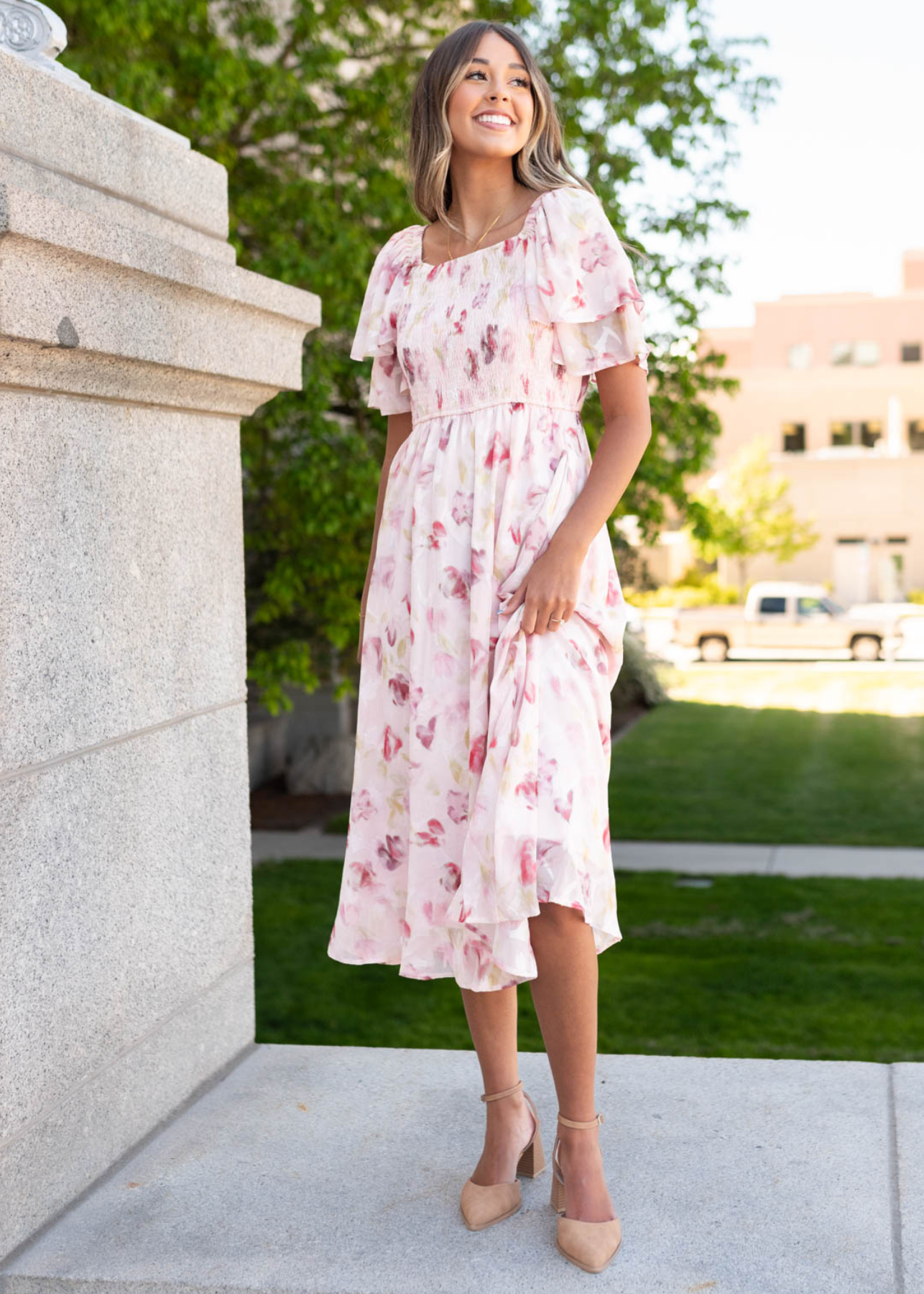 Blush watercolor floral dress with short sleeves