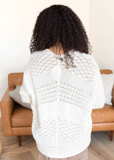 Back view of ivory chrochet knit cardigan