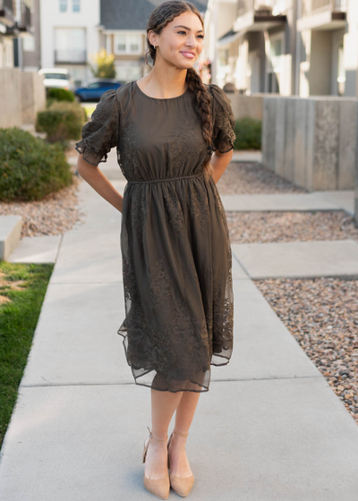 Dark olive embroidered dress with short sleeves