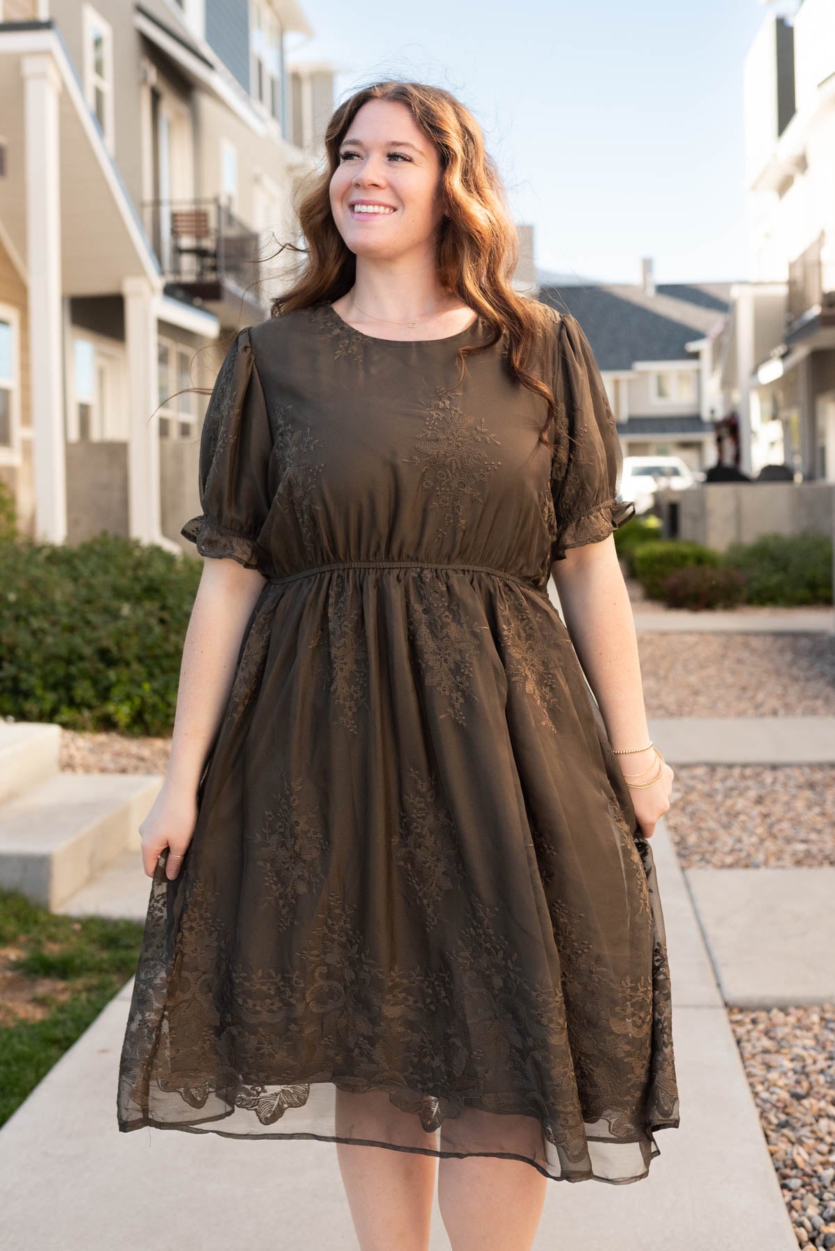 Short sleeve dark olive embroidered dress in plus size