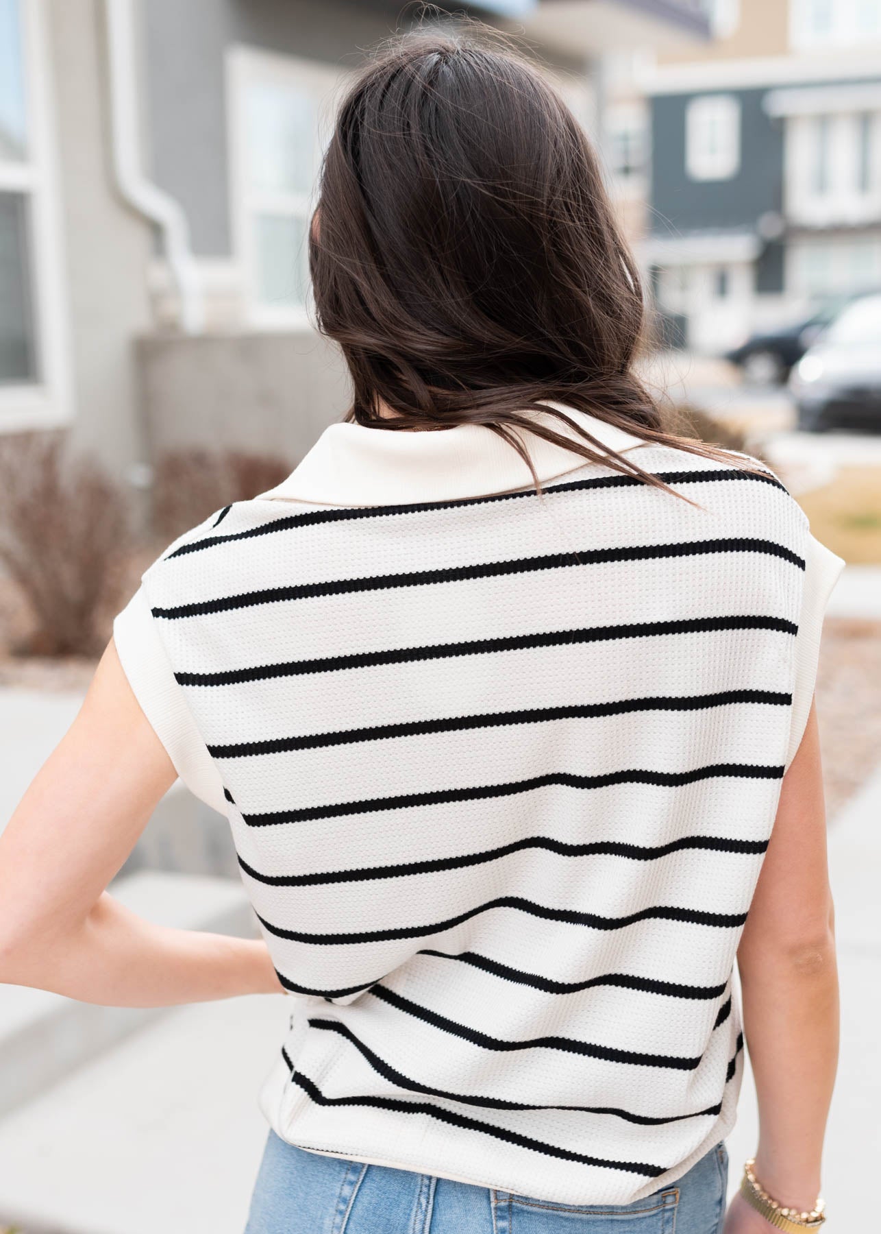 Back view of the black stripe collared top