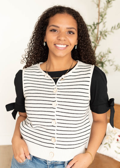 White with navy stripe button sweater vest