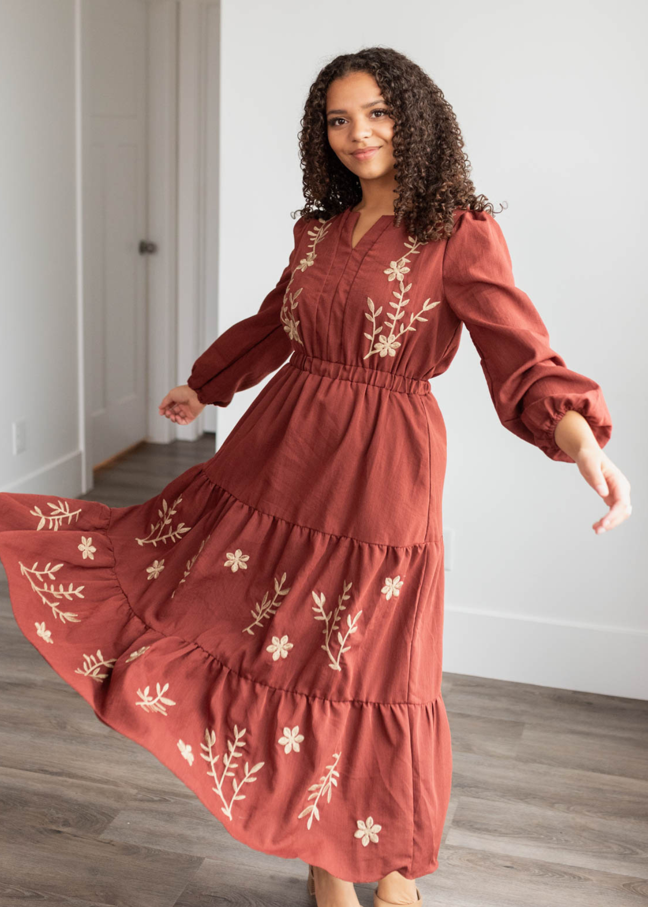 Megan Burgunday Embroidered Floral Dress