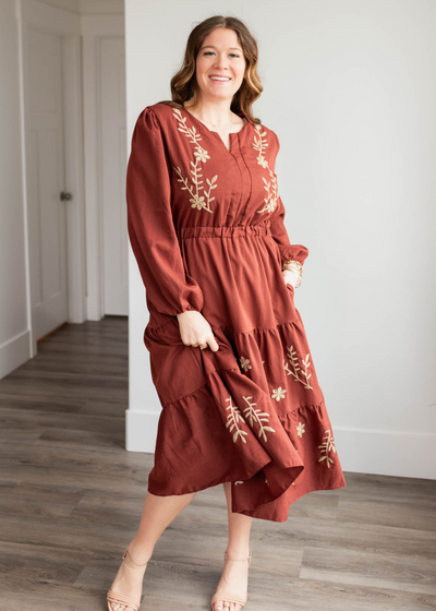 Megan Burgunday Embroidered Floral Dress