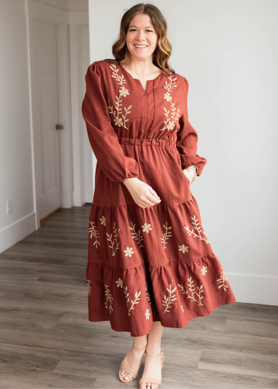 Megan Burgunday Embroidered Floral Dress