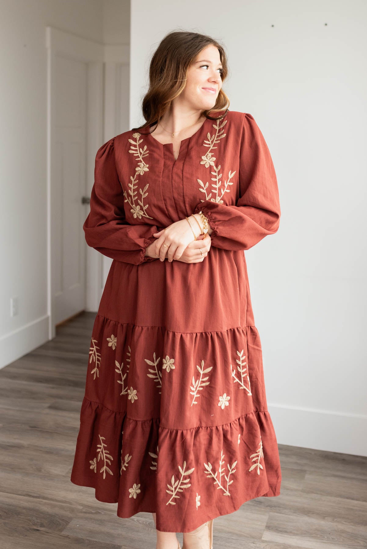 Megan Burgunday Embroidered Floral Dress