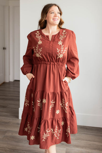 Megan Burgunday Embroidered Floral Dress