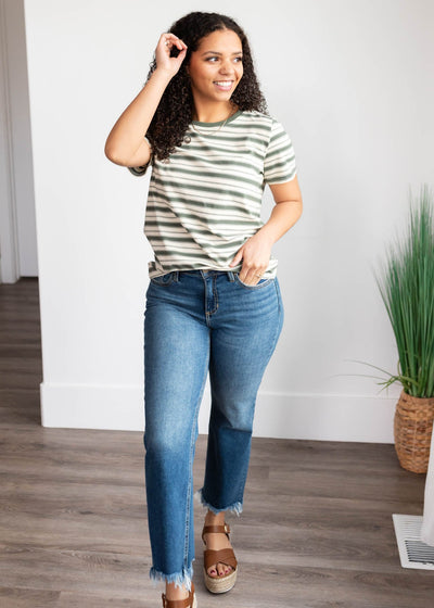 Jade stripe top with jade neckline