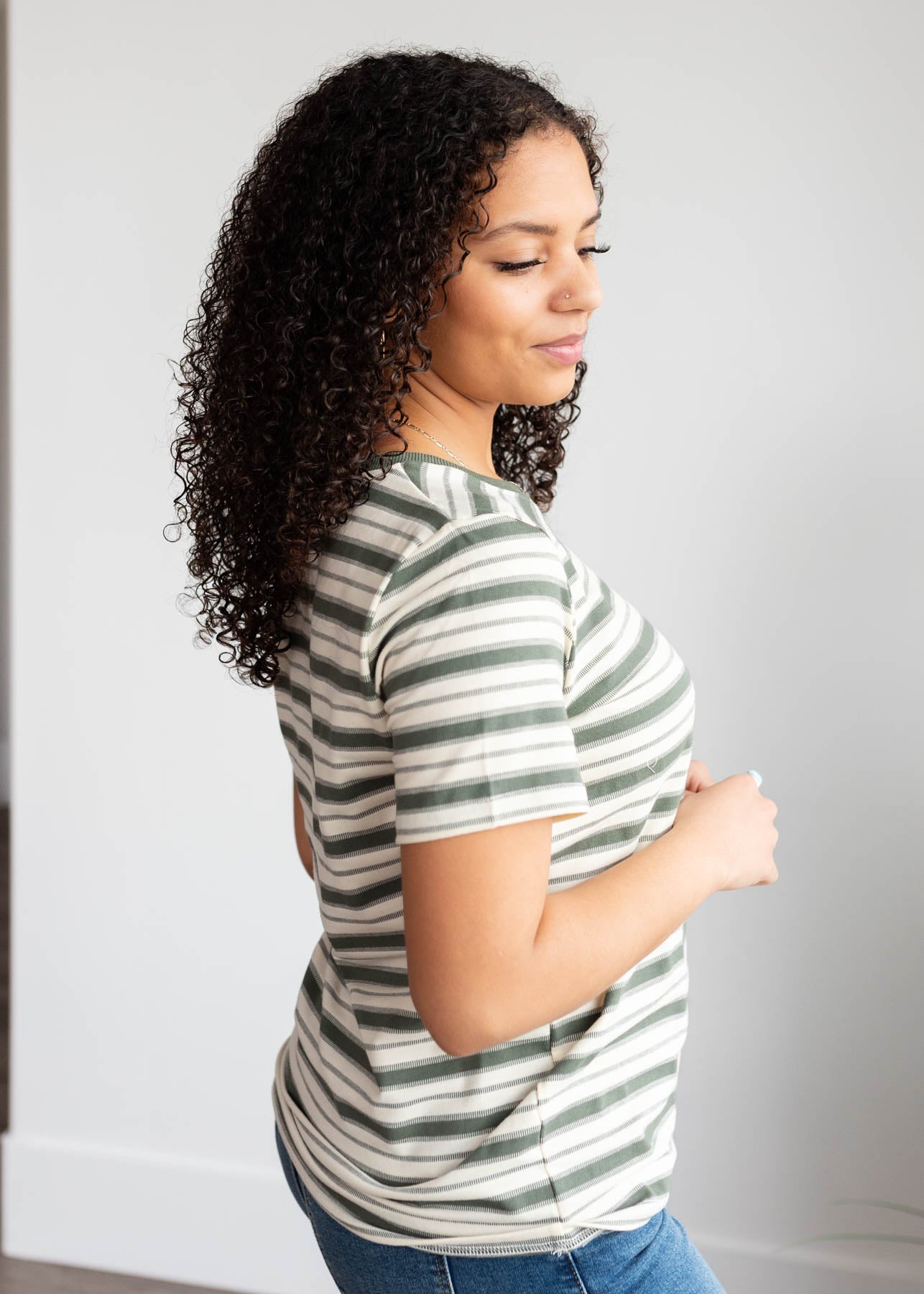 Side view of the jade stripe top