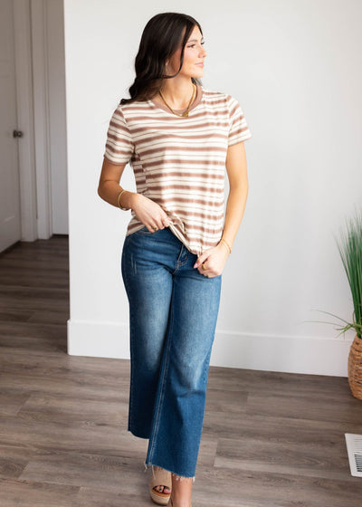 Small taupe stripe top with taupe neckline