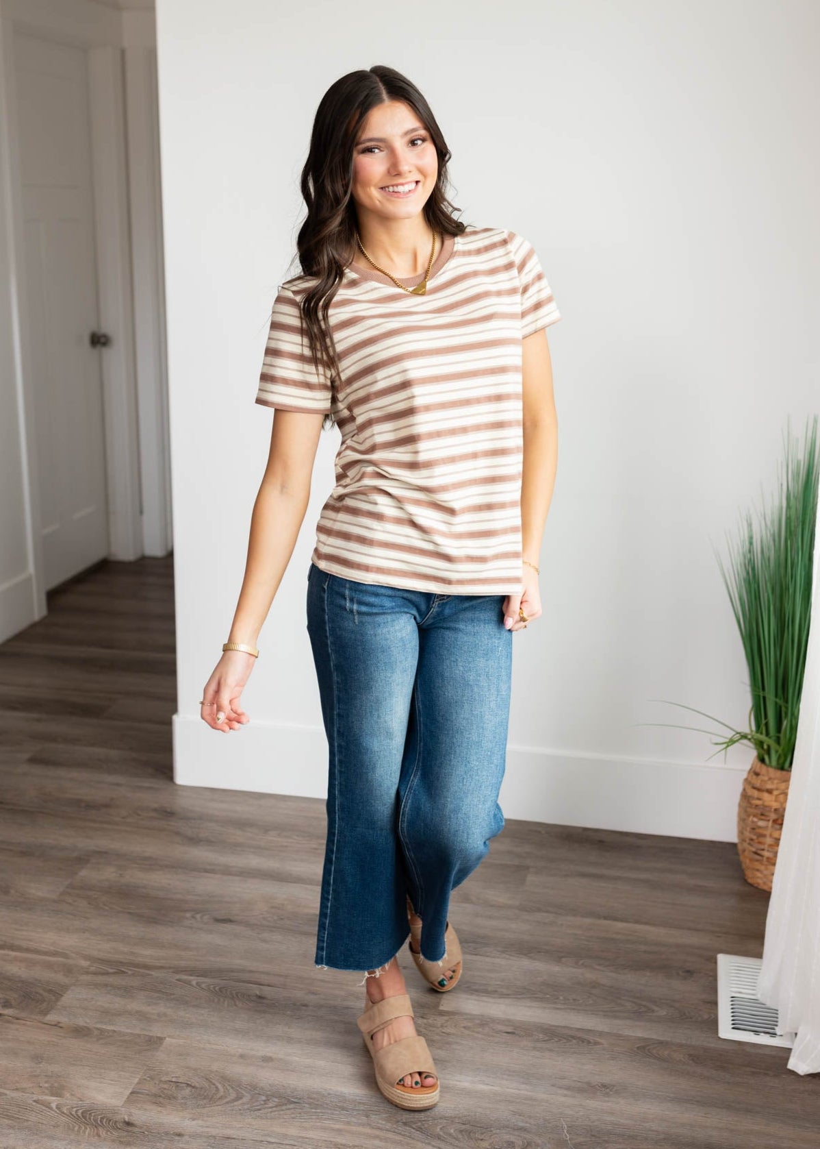 Taupe stripe top with short sleeves