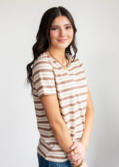 Side view of the taupe stripe top