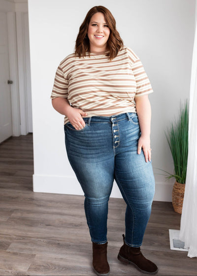 Taupe stripe top with crew neck on the plus size shirt