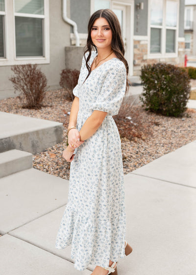 Side view of the blue floral dress