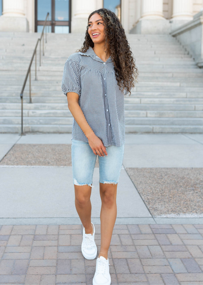 Black plaid collared top