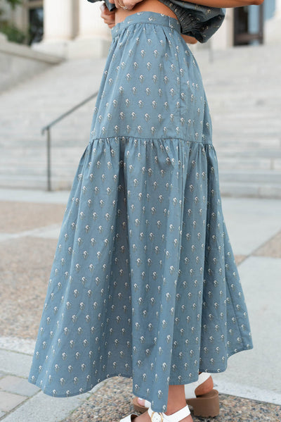 Side view of the steel blue floral skirt