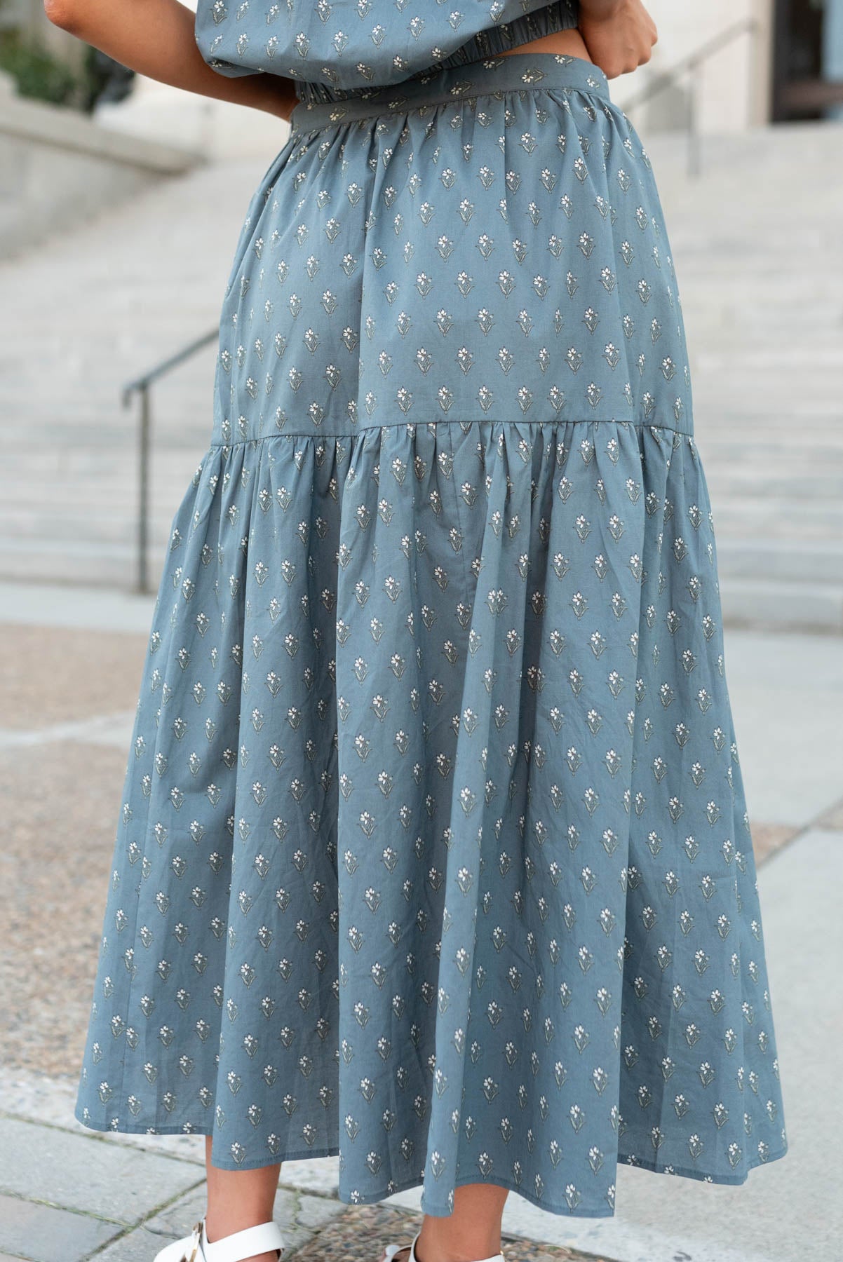 Back view of the steel blue floral skirt