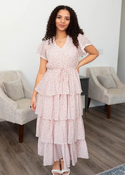 Blush rose tiered ruffle dress with short sleeves