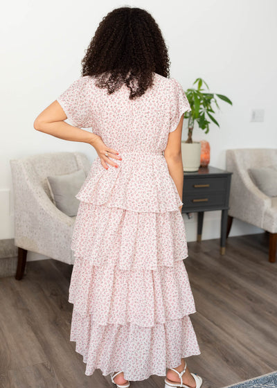 Back view of the blush rose tiered ruffle dress