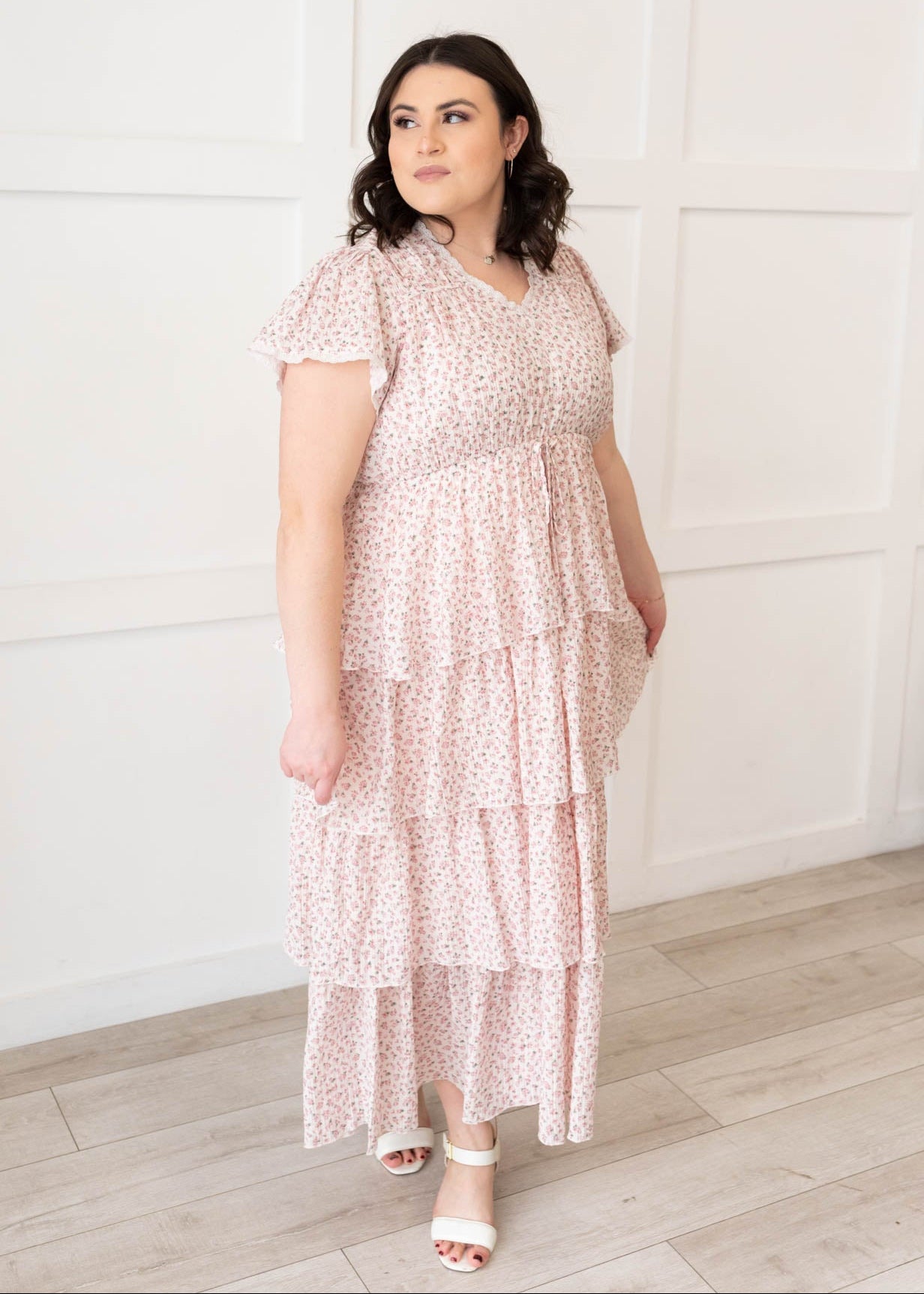 Plus size rose tiered ruffle dress with v-neck and lace trim