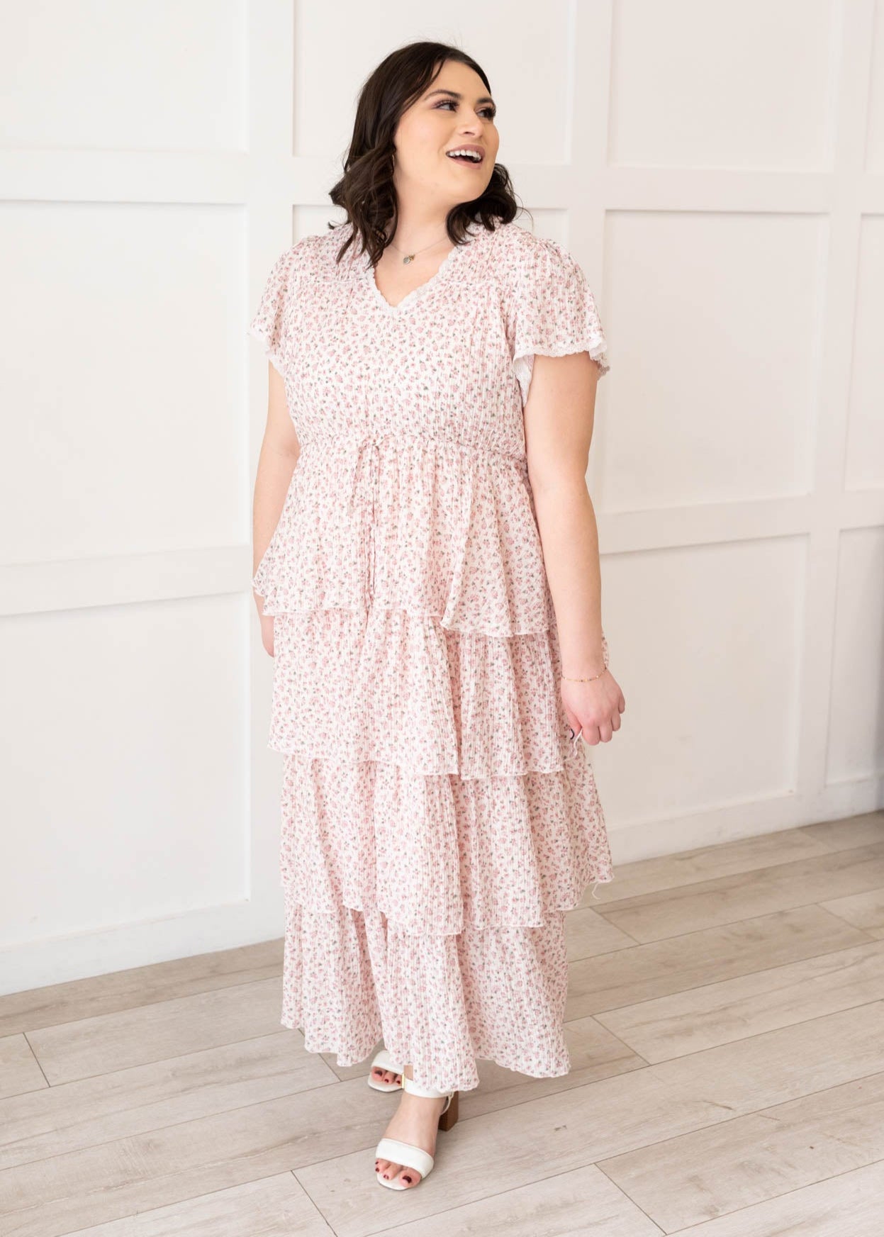 Blush rose tiered ruffle dress with tie at the waist