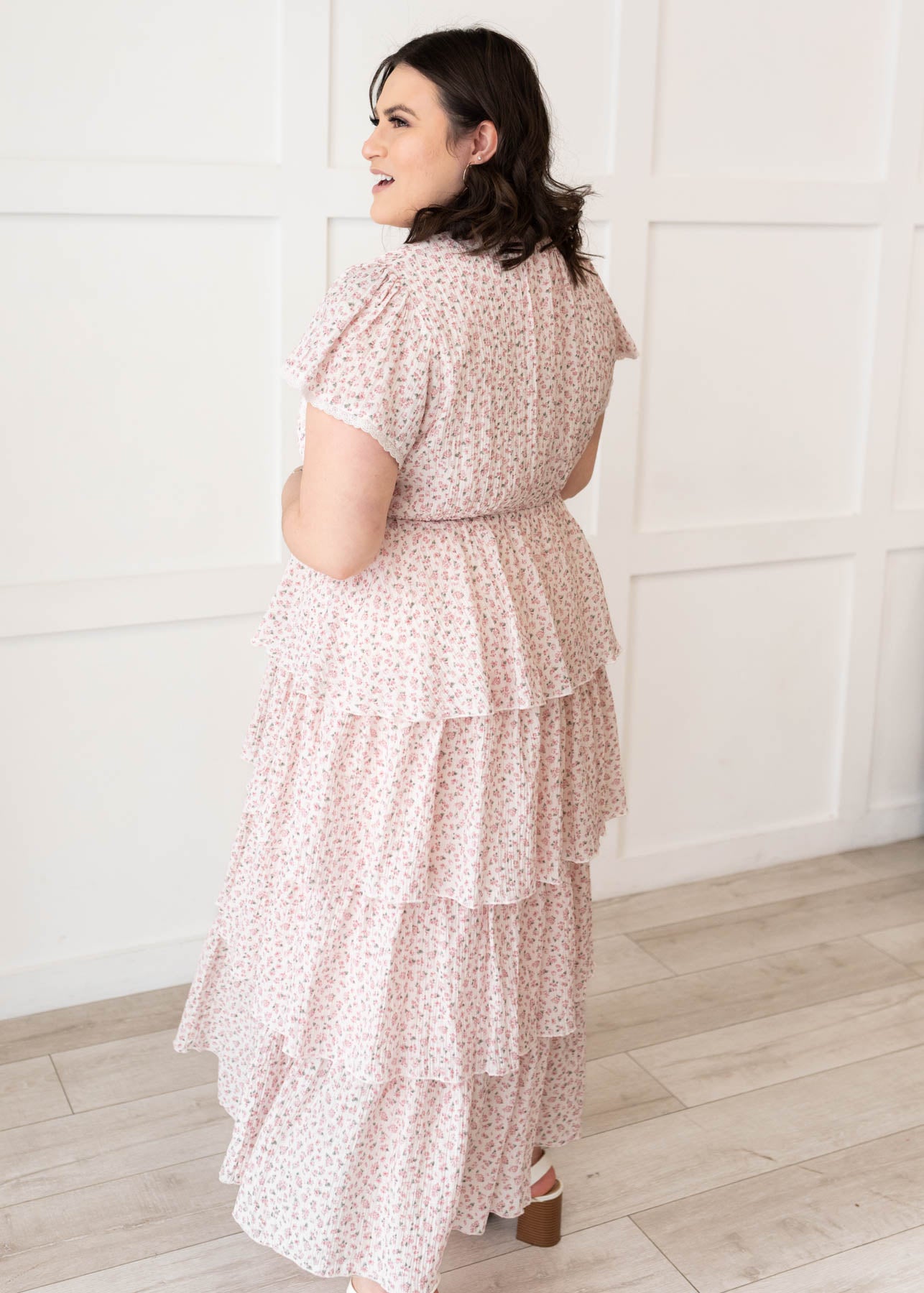 Side view of the plus size blush rose tiered ruffle dress