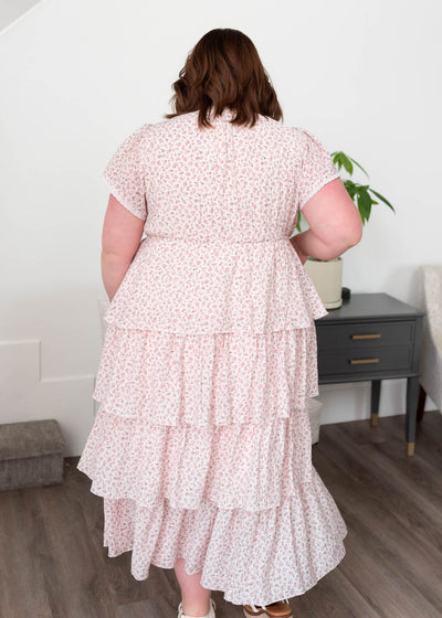 Back view of the plus size blush rose tiered ruffle dress